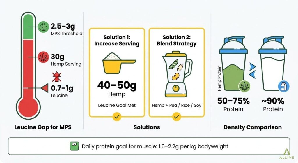 Infographic showing hemp protein leucine gap versus the 2.5–3g muscle protein synthesis threshold, with practical solutions including serving size increase and protein blending strategies
